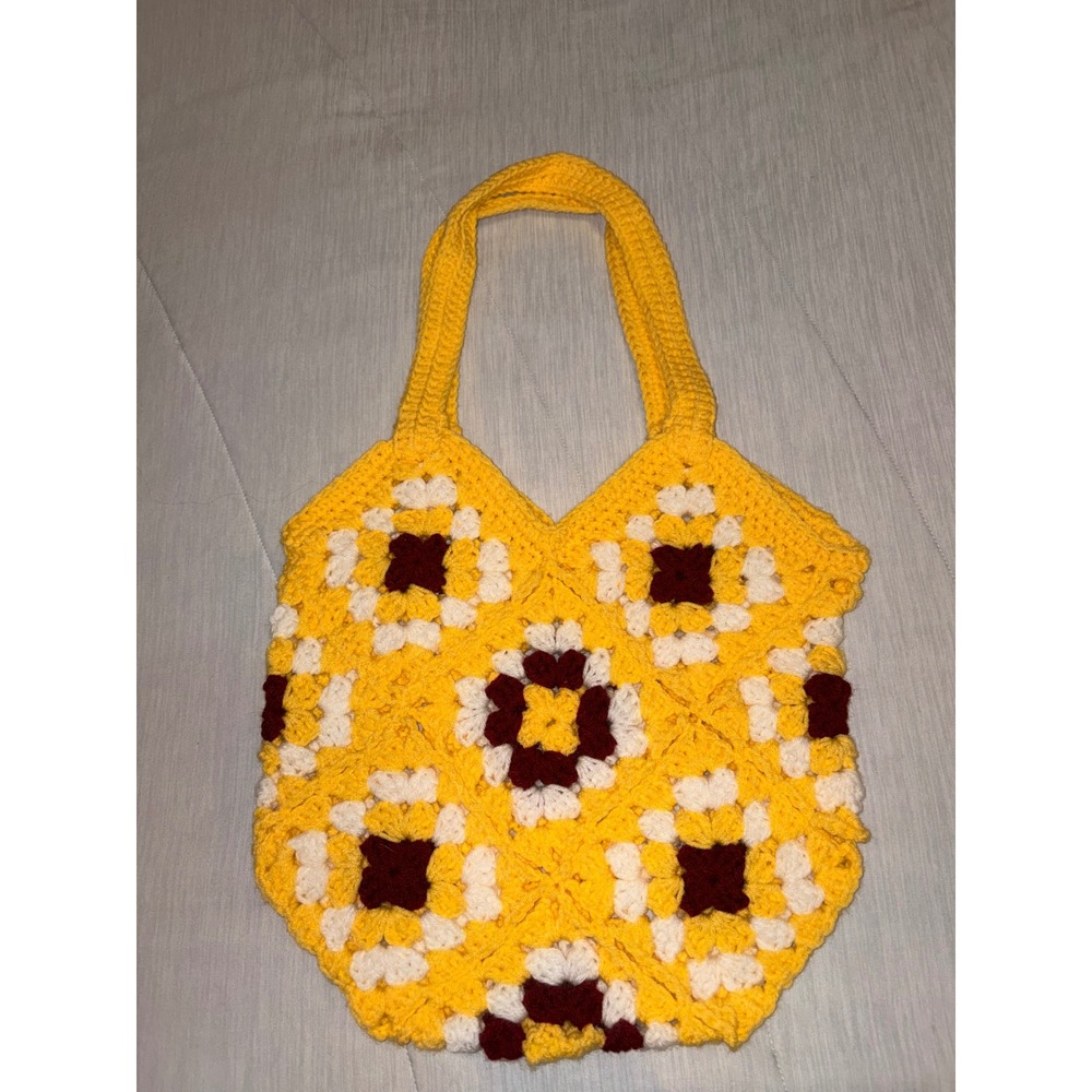 Handmade Yellow White Maroon Granny Square Crochet Tote Bag